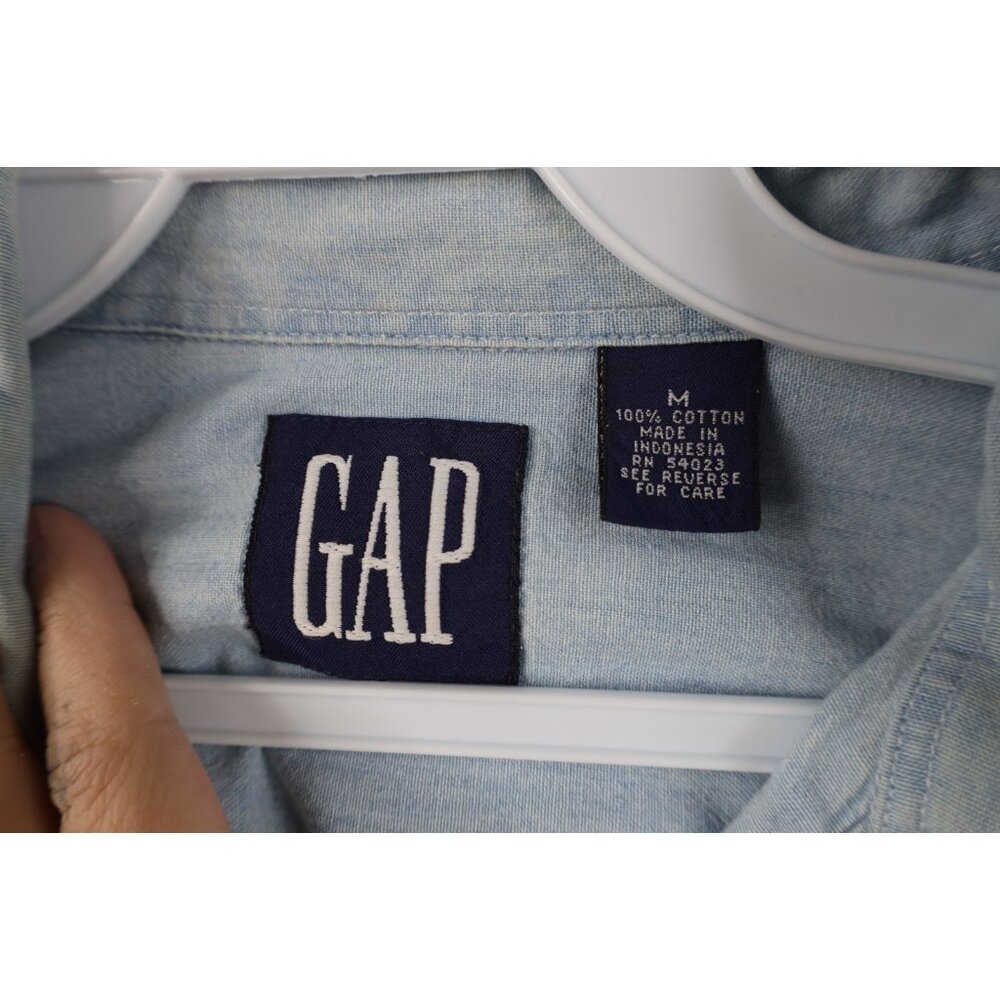 Vtg 90s Gap Mens Medium Distressed Denim Jean Collared Button Down Shirt Blue - Picture 10 of 13